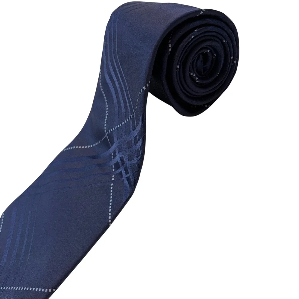 Pierre Cardin Mens Navy Blue Plaid‎ Silk Necktie Geometric Dotted Line Vintage